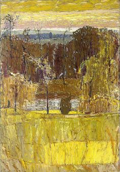 an abstract painting of trees and water in front of a yellow sky with white clouds