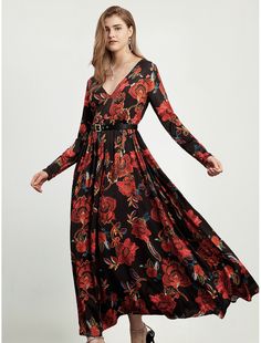 Floral V neck long sleeve maxi dress with a beautiful floral pattern, perfect for a graceful and elegant look Winter Dress Wedding, Christmas Tea Party, Cheap Party Dresses, Party Dresses Online, Elegant Attire, Trends 2023, Winter Fabric