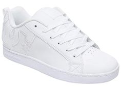 DC Court Graffik W - Women's Skate Shoes : White/White/White : A modern classic, the DC Court Graffik W casual shoes deliver with a clean silhouette and bold logo detail. Casual sneakers with heavy-duty suede, sturdy action nubuck, or soft and resilient action leather upper for abrasion-resistance and durability. Foam-padded tongue and collar for added comfort and support. Textile lining offers breathability. Internal elastic tongue holders for added foot stability. Rubber cupsole with iconic pi Dc Court Graffik, Dc Skate Shoes, Women Skates, Bold Logo, Dc Shoes, Shoes White, White White, Skate Shoes, White Shoes