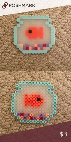 Homemade fishbowl Perler Bead Fish Bowl, Fish Bowl Perler Beads, Pegboard Beads Ideas, Cute Things To Make Out Of Perler Beads, Perler Bead Patterns Fish, Pearl Or Bead Ideas Cute, Pearler Beads Easy, Pearl Or Bead Designs, Fish Perler Bead Patterns