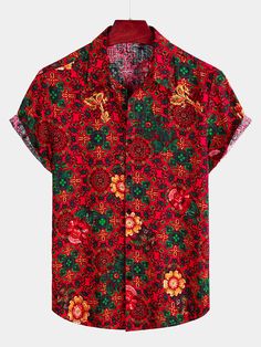 Hawaii Shirt Style, Aloha Beaches Shirt, Shirts Short Sleeve, Vintage Hawaiian Shirts, Summer Tropical, Red Boho, Tropical Shirts, Vintage Floral Print, Mens Hawaiian Shirts