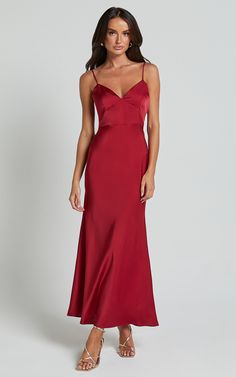 Jovana Midi Dress - Bust Panel Detail Satin Slip Dress in Wine Fancy Dresses Classy, Red Wedding Guest Dress, Red Wedding Guest Dresses, Formal Dress Midi, Midi Dress Classy, Bridesmaid Dresses Midi, Fancy Event, Midi Gowns, Red Bridesmaid