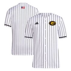 Show your love for your squad in this Grambling Tigers replica baseball jersey from adidas. It's designed just like the ones your favorite players wear on the field, so you can feel like part of the team whether you're cheering from the bleachers or taking a stroll around campus. Grambling Tigers colors and official graphics provide the finishing touch. Replica Material: 100% Recycled Polyester Full button closure Officially licensed Heat-sealed fabric applique Brand: adidas Machine wash, tumble Varsity Baseball Jersey With Team Name For Sports Season, White Baseball Jersey With Team Logo For College, White College Baseball Jersey With Team Logo, Collegiate Baseball Jersey With Team Name, White Varsity Baseball Jersey For Sports Season, College Team Spirit White Baseball Jersey, White Baseball Jersey With Team Name, Varsity Style White Baseball Jersey For Sports Season, White College Baseball Jersey