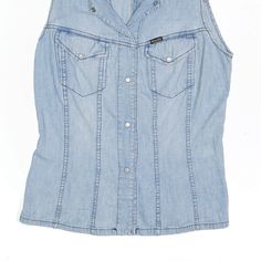 Item is in good used condition. >Size: L >Armpit To Armpit: 17" >Armpit To Cuff: N/A" >Collar To Hem: 24" Spring Medium Wash Denim Vest, Blue Denim Vest, Casual Medium Wash Sleeveless Top, Casual Sleeveless Medium Wash Top, Casual Sleeveless Denim Vest Top, Washed Blue Sleeveless Cotton Top, Medium Wash Sleeveless Vest Top, Fitted Light Wash Vest, Blue Cotton Denim Vest Top