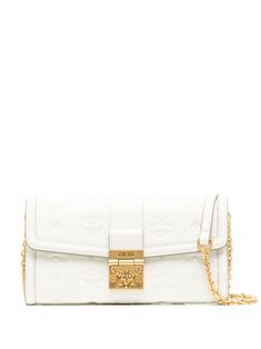 white leather gold-tone hardware detachable chain-link shoulder strap foldover top buckle fastening main compartment internal card slots zip-fastening pocket Chic Formal Wallet On Chain With Logo Plaque, Luxury White Leather Wallet On Chain, Elegant Wallet On Chain With Logo Plaque, Elegant White Crossbody Wallet On Chain, Luxury Formal Wallet On Chain With Logo Plaque, White Rectangular Bag With Logo Plaque, Classic White Bags With Logo Plaque, Luxury White Shoulder Bag With Logo Plaque, Classic Formal Wallet On Chain With Logo Plaque