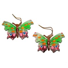 "Vintage Enamel Butterfly Earrings - made by me using vintage enamel charms. Very vibrant! These measure 1.5\" long including hooks. Hooks are nickel free." Cute Green Hand Painted Jewelry, Retro Multicolor Metal Earrings, Fun Nickel-free Enamel Jewelry, Nickel-free Enamel Jewelry With Fun Style, Nickel-free Enamel Fun Jewelry, Colorful Whimsical Earrings For Gifts, Multicolor Whimsical Earrings, Vintage Multicolor Earrings For Gifts, Whimsical Colorful Earrings For Gifts