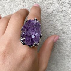 Huge Druzy amethyst ring Sterling silver Purple raw stone rings for women, Amethyst crystal ring, made in Armenia 【FULL DETAILS】 ► Gemstone: natural amethyst ► RING SIZE: All size available ► RING WEIGHT: 30 gr ► Length and width: 33 * 25 mm ►Height from the finger: 15 mm All our jewelry is crafted with great attention to detail! We strive to provide you the best quality, modern design, and perfect look!! All our jewelry is made of high-quality sterling silver and is stamped with a 925 stamp Thi Fine Jewelry Amethyst Crystal Ring With Gemstone Accents, Amethyst Crystal Ring With Gemstone Accents For Gift, Silver Amethyst Crystal Ring Fine Jewelry, Fine Jewelry Amethyst Crystal Ring With Gemstone, Unique Amethyst Rings With Gemstone Accents, Fine Jewelry Amethyst Crystal Ring In Silver, Amethyst Ring With Stones For Anniversary, Fine Jewelry Amethyst Open Crystal Ring, Fine Jewelry Amethyst Open Ring