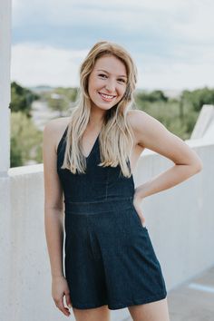 Denim romper with halter tie.Mikaela is wearing a size smallLightweight- Rayon/Spandex BlendSize Chart: there is no zipper so you must be able to fit into the waist measurements over your hips- there is a slight stretchSmall: Waist: 24 inches flat. 28 inches stretched.Medium: 26 inches flat. 30 inches stretched. Large: 28 inches flat. 32 inches stretched. This item is final sale. Casual Fitted Halter Neck Jumpsuits And Rompers, Stretch Denim Jumpsuit Overall For Summer, Spring Date Night Stretch Jumpsuits And Rompers, Spring Stretch Denim Jumpsuit For Night Out, Casual Backless Jumpsuits For Date Night, Fitted Backless Jumpsuits And Rompers For Day Out, Chic Stretch Denim Jumpsuit For Summer, Stretch Dark Wash Jumpsuits And Rompers, Fitted Backless Jumpsuit For Day Out