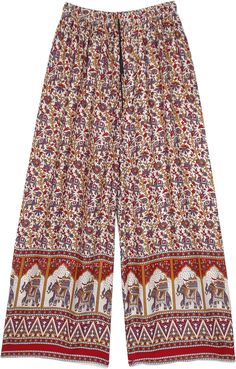 A flared pair of loose fit ethnic red and white elastic waist pants which are comfortable and airy.  The pants has an elastic waist and a drawstring that has cute little bells attached to its ends. #tlb #Floral #Printed #Elephant #Streetwearpajamas #WideLegPants #BeachPants #HippiePants #coolsummerpants Bohemian White Pants With Elastic Waistband, White Bohemian Pants With Elastic Waistband, White Bohemian Wide Leg Pants With Elastic Waistband, Bohemian White Wide Leg Pants With Elastic Waistband, White Bohemian Harem Pants For Vacation, Bohemian White Printed Bottoms, Bohemian Red Wide Leg Pants For Summer, Red Bohemian Wide-leg Harem Pants, Red Bohemian Wide Leg Pants For Summer