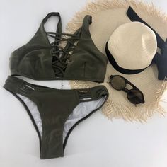 Cupshe 2 Piece Olive Green Swimsuit Bikini Nwt Size M Lined Tankini For Poolside, Beachwear Swimwear With Crisscross Straps Triangle Top, Vacation Swimwear With Crisscross Straps And Triangle Top, Beach Swimwear With Crisscross Straps Triangle Top, Lined Summer Tankini For Sunbathing, Spring Vacation Swimwear With Crisscross Straps, Spring Beachwear Swimwear With Crisscross Straps, Triangle Top Swimwear With Crisscross Straps For Beach, Beachwear Swimwear With Crisscross Tie-side Bottom