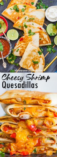 cheesy shrimp quesadillas on a plate with salsa and limes