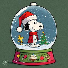 a cartoon dog wearing a santa hat and scarf in a snow globe