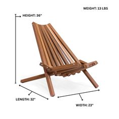 a wooden lawn chair with measurements for the seat and back side, shown from the front