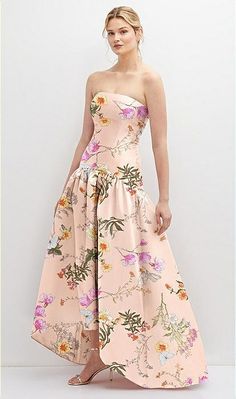 Strapless Fitted Floral Satin High Low Bridesmaid Dress With Shirred Balldress Skirt In Butterfly Botanica Pink Sand | The Dessy Group Tea Length Dress With Fitted Bodice For Prom, Strapless Midi Dress For Gala, Strapless Prom Evening Dress, Sleeveless Maxi Dress With Voluminous Skirt For Party, Strapless Dress With Ruched Fitted Bodice, Bridesmaid Strapless A-line Dress With Ruched Bodice, Tea Length Prom Dress With Boned Bodice, Prom Dress With Boned Bodice, Tea Length, Prom Tea-length Dress With Boned Bodice