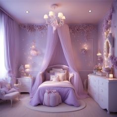 a bedroom decorated in lavender and white