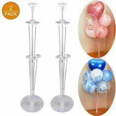 two clear vases with balloons in them and one is filled with blue, white and pink