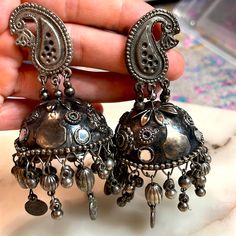 Nwt Huge Gorgeous Mirror Work Oxidized Jhumka Earring Perfect For Traditional Outfits Or For A Pop Of Bohemian Flair For Any Fit Silver Dangle Earrings With Bells, Silver Nickel-free Danglers, Bohemian Dangle Jhumkas, Silver Teardrop Jewelry For Festival, Silver Fusion Style Metal Danglers, Silver Metal Fusion Danglers, Silver Fusion Danglers Made Of Metal, Festival Oxidized Danglers, Metal Jewelry With Bells For Festive Occasions