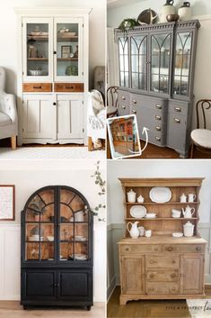 four different pictures of china cabinets in various styles and sizes, including one with glass doors