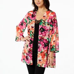 Colleen Lopez Kimono Sleeve Chiffon Topper  Upgrade any outfit in an instant by adding this sophisticated open-front topper. It's lightweight, chic, and perfect for making a fashion statement. Flowy Open Front Top For Spring, Long Sleeve Chiffon Outerwear For Spring, Elegant Spring Beach Outerwear, Kimono Design, Kimono Sleeve, Front Open, Fashion Statement, Fashion Clothes Women, Loose Fitting