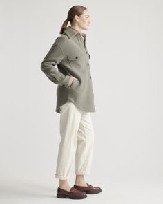 Our 100% Merino Wool Shirt Jacket is your perfect go-to style as the temperature starts to drop. Expertly tailored with boiled merino wool, this shirt jacket - shacket - has the relaxed silhouette of a shirt, but provides the warmth of a jacket. With an intentionally oversized look, it's perfect for layering and made to throw on over any outfit with ease.  | Quince | Women's 100% Merino Wool Shirt Jacket in Olive, Size XL Wool Shirts, Wool Shirt Jacket, Winter Fit, Wool Shirt, A Jacket, Layered Tops, Warm Jacket, Olive Color, Full Zip Hoodie