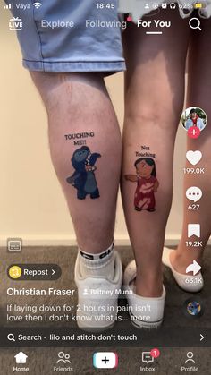 two people standing next to each other with tattoos on their legs