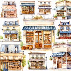 a watercolor drawing of different shops and stores on the side of a building with windows