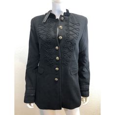 Rare (Believed To Be Vintage) Jacket Still New With Tags Romeo & Juliet Couture Black Button Front Jacket Stitched Designs On Front Single Center Vent Fully Lined Brass Cuff And Front Buttons Women's Size Medium Measures: Bust 36" Waist 30" Arms 24" Length 27" This Jacket Is Absolutely Stunning No Signs Of Age Or Storage See Material/Care Tag Photos Msrp $240 This Jacket Will Ship Bagged And Boxed For Safe Transit From Southern California Please Review Above Measurements For Best Fit. There Is N Gothic Black Outerwear With Button Closure, Winter Formal Punk Outerwear, Punk Style Formal Winter Outerwear, Steampunk Long Sleeve Winter Outerwear, Steampunk Outerwear With Stand Collar For Winter, Black Punk Style Outerwear With Button Closure, Winter Steampunk Outerwear With Stand Collar, Steampunk Winter Outerwear With Stand Collar, Punk Style Stand Collar Outerwear For Fall