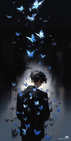 a person standing in front of a group of blue butterflies flying over their head and back