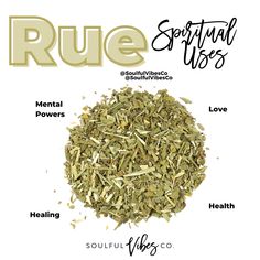 a pile of herbs with the words rue on it