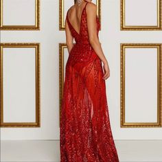 Panty For Dress Is Available Too Red Sequined V-neck Gown, Red Backless Evening Dress For Party, Red Gown For Prom Night Out, Red Gown For Prom Season Night Out, Glamorous Sleeveless Red Carpet Gown, Red Sequin Sleeveless Gown, Red Sequin Evening Dress For Red Carpet, Red Sequined Holiday Gown, Red Backless Evening Dress