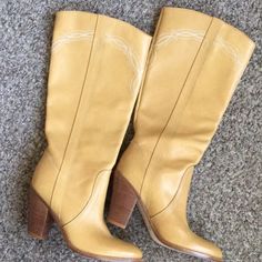 Western Style Yellow Boots For Spring, Yellow Pointed Toe Boots For Summer, Yellow Fitted Boots With Round Toe, Yellow High Heel Boots For Fall, Yellow Leather Spring Boots, Casual Yellow Boots With Pointed Toe, Trendy Yellow Boots For Fall, Casual Yellow Pointed Toe Boots, Trendy Gold Boots For Spring