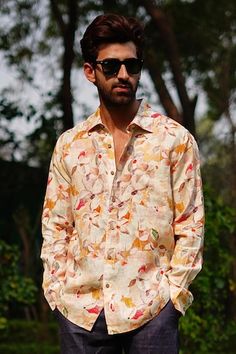 Beige full sleeves button down shirt crafted in 100% linen with all over wall flower print. - Aza Fashions Printed Relaxed Fit Linen Shirt, Fitted Linen Top With Floral Print, Fitted Floral Print Linen Top, Men Shirts Casual, Flower Print Shirt, Beige Wall, Beige Shirt, Collar Neck, Men Shirts