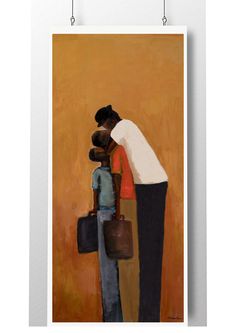 a painting of two people hugging each other in front of an orange wall with hanging hooks