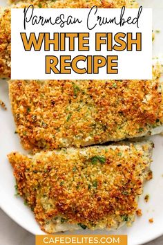 parmesan crumbed white fish recipe on a plate with text overlay