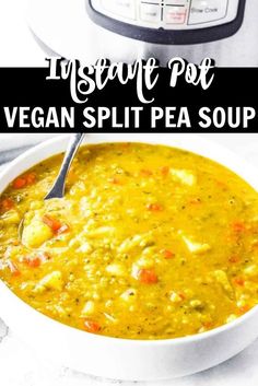 instant pot vegan split pea soup in a white bowl