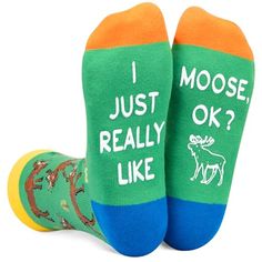 Moose SocksOur funny socks are designed for women and men, feature moose, coniferous trees and funny sayings "I JUST REALLY LIKE MOOSE, OK?".SizeOur unisex design fits most men's US size 6-13 feet and most women's US size 7 and up.Quality MaterialOur novelty socks are made of 80% Cotton, 15% Polyamide and 5% Elastane to ensure they are soft, comfortable, stretchy and breathable.Moose GiftsOur novelty socks are perfect gifts for moose Lovers! They make funny gifts for moms and dads on special occasions like birthdays, Mother's Day, Father's Day, Valentine's Day and Christmas.Pattern ThemesAnimal Socks | Wildlife Socks Socks Quotes, Radiologist Gifts, Nurse Socks, Funny Moose, Coniferous Trees, Paws Socks, Silly Socks, Medical Gifts, Funny Mom Gifts