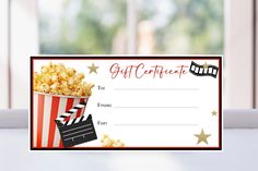 a gift certificate with popcorn on it