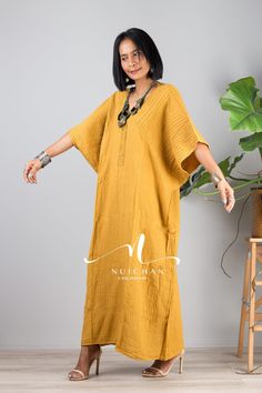 Yellow Kaftan, Cotton Kaftan Dress, Long Black Maxi Dress, Cotton Gauze Dress, Dress Loose Fit, Muslin Dress, Newspaper Basket, Cotton Kaftan, Garden Party Dress