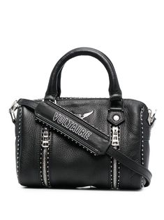 Black leather small Sunny tote bag from ZADIG&VOLTAIRE featuring a pebbled leather texture, a silver-tone logo plaque, silver-tone stud detailing, an internal logo patch, a main internal compartment, a front zip compartment, a top zip fastening, round top handles and a detachable shoulder strap. | Zadig & Voltaire small Sunny tote bag Blazer Shoes Outfit, Blazers Shoes, Zadar, Stockholm Fashion, Round Top, Bag Trends, Leather Texture, Zadig And Voltaire, Balenciaga City Bag