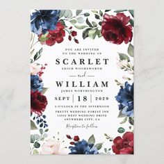 an elegant floral wedding card with red, blue and white flowers