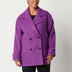 This bright violet hued midweight peacoat for women by Liz Claiborne will make a chic and colorful style statement during the colder months. Made from a warm twill blend, this mid-length coat has a classic-fit with button closures, side pockets and notch lapels. Style it with a sweater and pants. Closure Type: ButtonFit: Classic FitNeckline: Collar NeckPockets: 2 Side Slip PocketsSleeve Length: Long SleeveWarmth Factor: MidweightApparel Length: 32 InchesOuterwear Length: MidFiber Content: 75% Po Pea Coats Women, Peacoats, Liz Claiborne, Colorful Fashion, Mid Length, Violet, Coats Jackets, Purple, Color