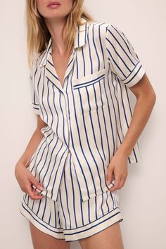 Inez Washable Silk Printed Short PJ Set – Eberjey Elegant Short Sleeve Loungewear Sets, Elegant Daywear Sets With Relaxed Fit, Elegant Relaxed Fit Daywear Sets, Elegant Short Sleeve Relaxed Fit Sleepwear, Elegant Relax Fit Sleepwear For Pajama Party, Elegant Relaxed Fit Sleepwear For Pajama Party, Classic White Relaxed Fit Sleepwear, Classic Summer Sleepwear For Loungewear, Classic Summer Sleepwear