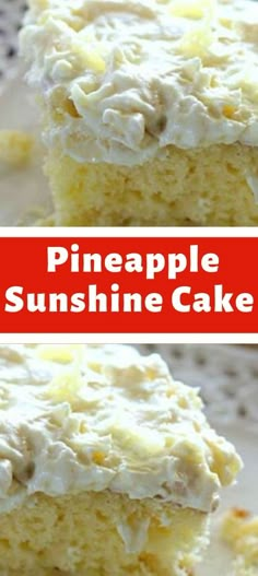 two pictures of pineapple sunshine cake with frosting on top and the same piece cut in half