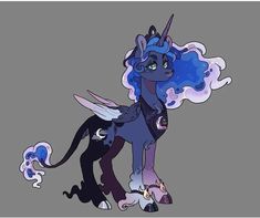 a drawing of a pony with blue hair and wings on it's head, standing in front of a gray background