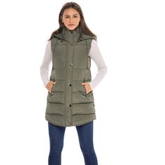 This S.E.B. by SEBBY outerwear vest for women offers a feminine and flattering fit at a great price point. Bringing designer details and all-around comfort, this women's puffer jacket vest will not disappoint. It features a detachable hood for added warmth and protection from light showers. The snaps and zipper are a stunning gunmetal finish for a very refined look. This vest can be worn as a fall coat and right into the winter as true outerwear. The loose quilted faux down insulation imparts a Fitted Vest Outerwear For Cold Weather, Sleeveless Vest For Cold Weather In Fall, Casual Fitted Vest Outerwear, Fitted Solid Vest For Winter, Fitted Vest With Pockets For Cold Weather, Casual Fitted Winter Vest, Stretch Sleeveless Vest For Outdoor, Versatile Fitted Winter Vest, Sleeveless Fall Outerwear