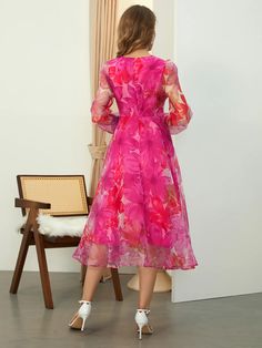 Vacation Floral Elegant Crew Neck Midi Dress | stylewe Floral Print Maxi Dress For Cocktail, Elegant Midi Dress With Floral Print, Spring Cocktail Maxi Dress, Summer Cocktail Midi Dress With Long Sleeves, Casual Floral Print Midi Dress For Evening, Mid-length Summer Cocktail Maxi Dress, Knee-length Spring Cocktail Midi Dress, Knee-length Midi Dress For Spring Cocktail, Spring Cocktail Midi Dress, Knee-length