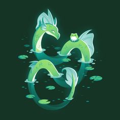 two green dragon sitting on top of water with lily pads around it's sides