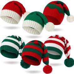 four knitted christmas hats with pom - poms