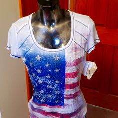 White With Blue& Red Flag And Bling Detailing Great For Memorial Day Or 4th Of July New With Tag Size Small Smoke Free Pet Free Home Fitted Casual T-shirt For 4th Of July, Casual Fitted T-shirt For 4th Of July, Patriotic Fitted Top, Patriotic Fitted Flag Print Tops, Fitted Patriotic Top With American Flag, Fitted Patriotic Tops With Flag Print, Clothes Board, American Flag Tshirt, Usa Shirt