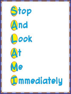 the words stop and look at me immediately are in front of a white background with blue checkered border